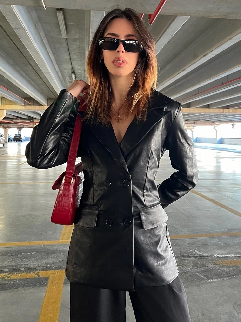 Princess Polly Black Faux Leather Double-Breasted Blazer